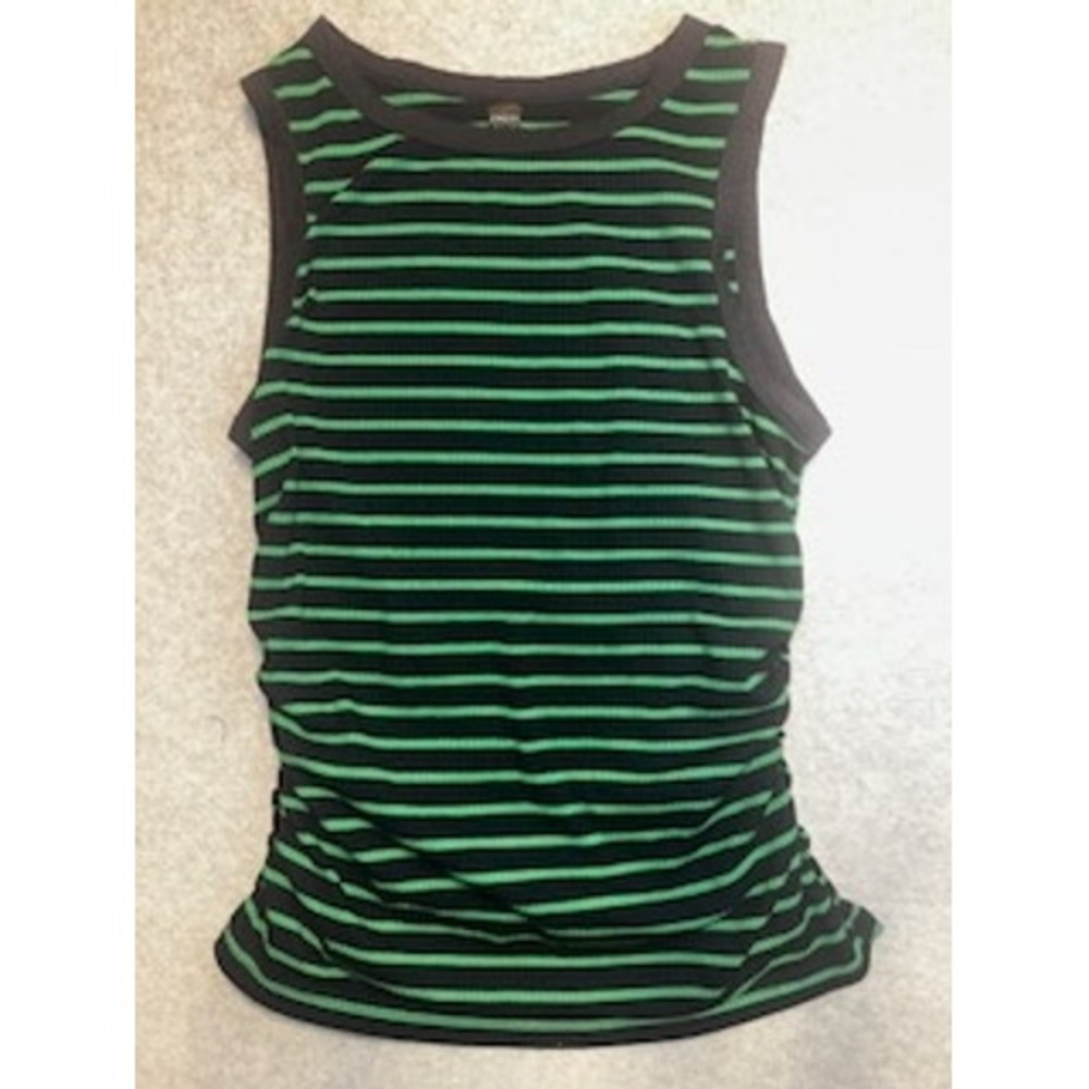 Emery Rose Womens Large Green Navy Striped Ribbed Ruched Sleeveless Tank Top